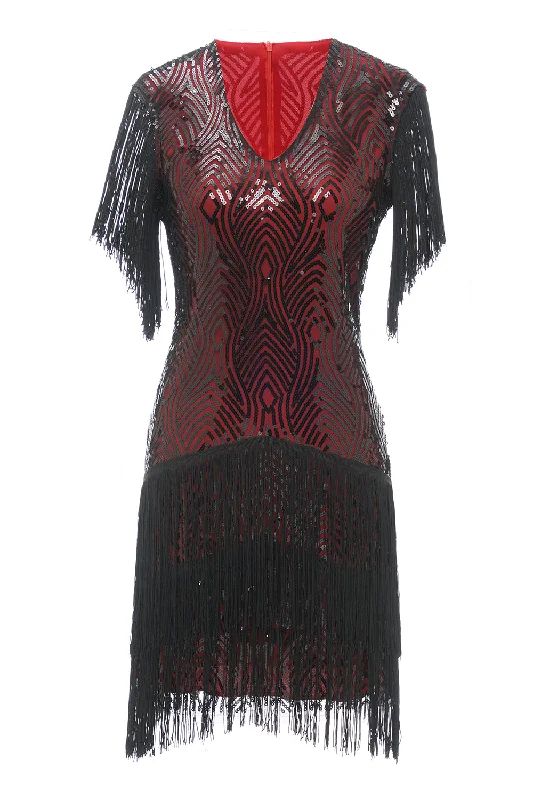 Black Red V Neck 1920s Party Dress