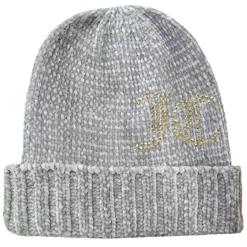 Chenille Jc Stud Beanie Hat In Gray