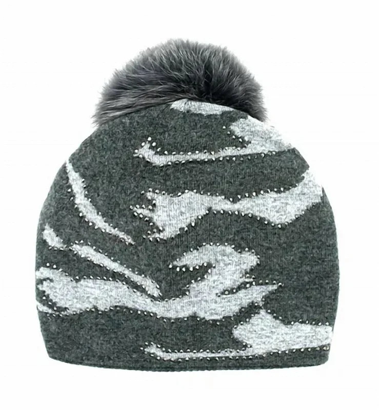 Htan42 - Camo Hat W/ Fox Pom In Charcoal/lt Gray