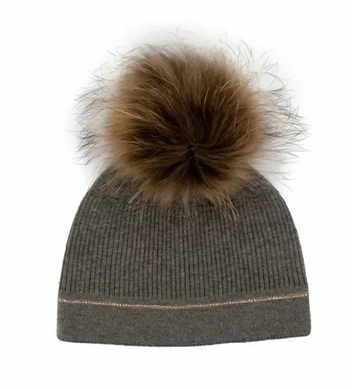 Htan71 - Beanie W/ Fox Fur Pom In Taupe