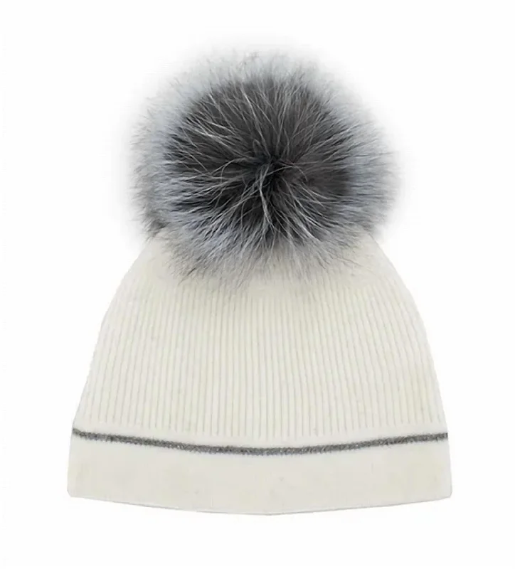 Htan71 - Beanie W/ Fox Fur Pom In White