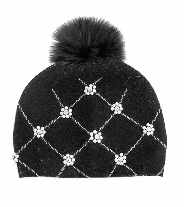 Htim86 - Embellished Beanie W/ Fox Fur Pom In Black