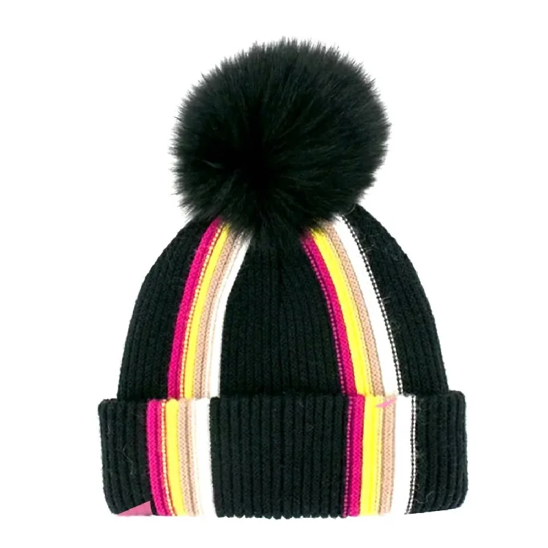 Striped Knit Hat With Fox Pom In Black