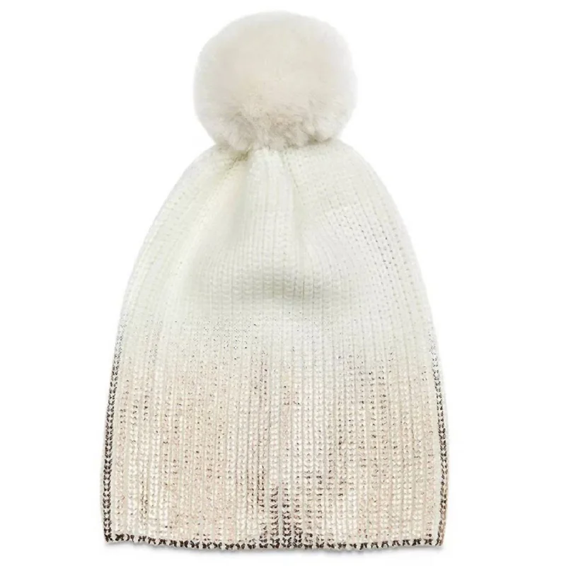 Women Gold Metallic Pom Pom Knit Hat Beanie One Size In Ivory Rose