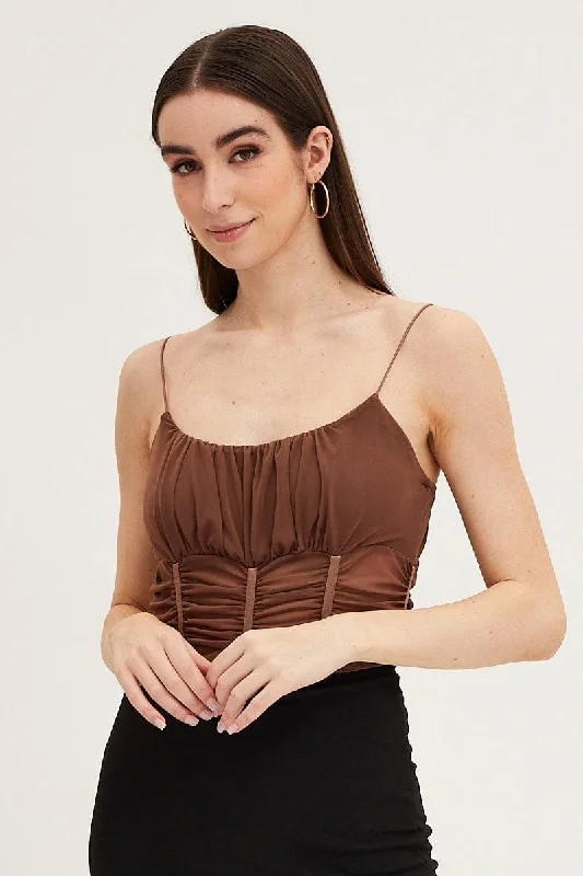 Brown Sleeveless Corset Look Waist Detail Mesh Bodysuit