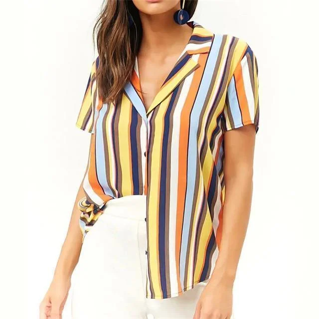 Women Blouse Short Sleeves Summer Blouse Striped