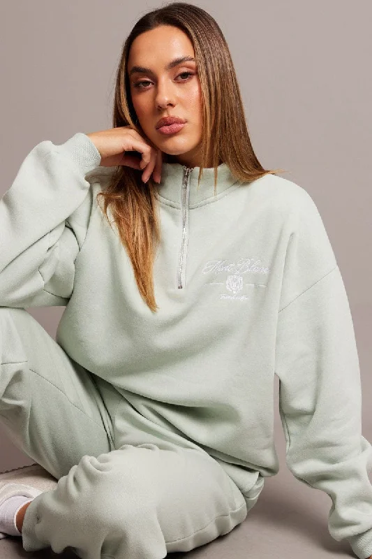 Green Zip Sweater Funnel Neck Oversized