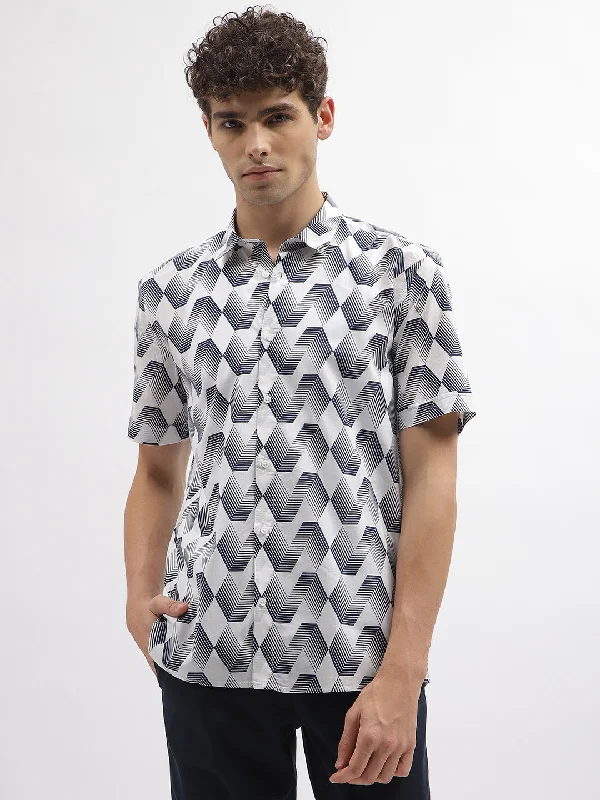 Antony Morato Men Off White Printed Spread Collar Short Sleeves Shirt