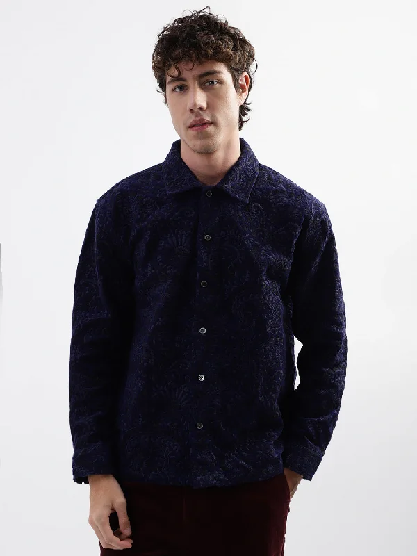 Gant Men Blue Embroidered Spread Collar Full Sleeves Shirt