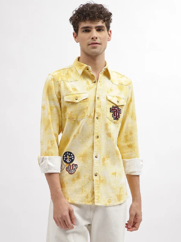 True Religion Men Yellow Printed Spread Collar Full Sleeves Shirt