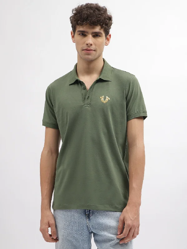 True Religion Men Green Solid Polo Collar Short Sleeves T-Shirt