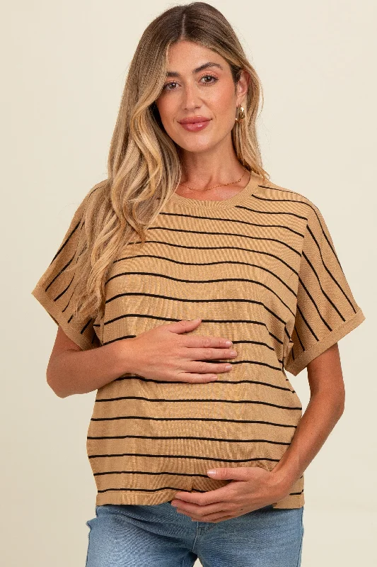 Taupe Striped Boxy Short Sleeve Maternity Top