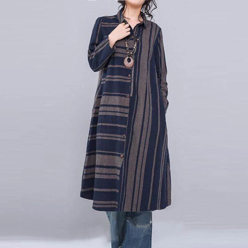 2018 blue striped linen shirt dress oversize patchwork linen shirt coats casual lapel collar cardigans