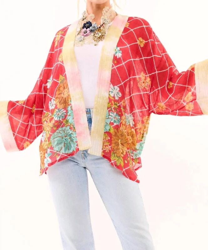 Borrocow Beauty Hand Embellished Kimono In Vintage Coral Print