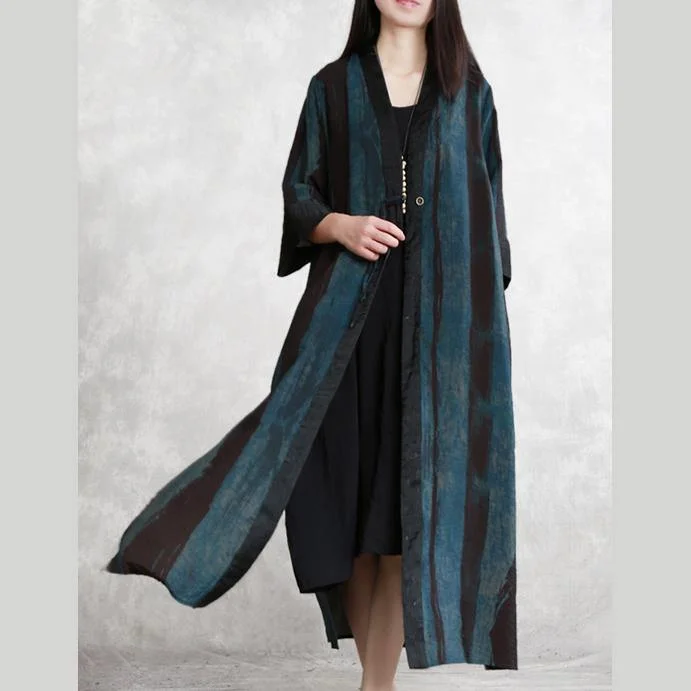 Chic side open linen coat Women Tunic Tops blue Traveling cardigan spring