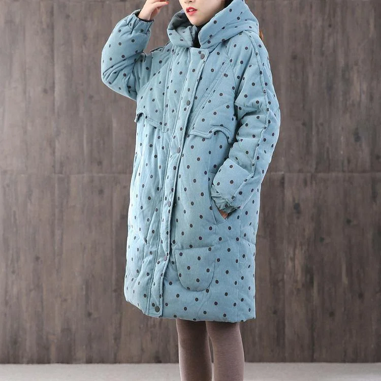 Elegant blue dotted Parkas for women plus size overcoat hooded zippered