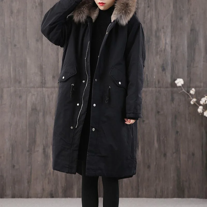 Elegant trendy plus size warm winter coat outwear black faux fur collar pockets women parka