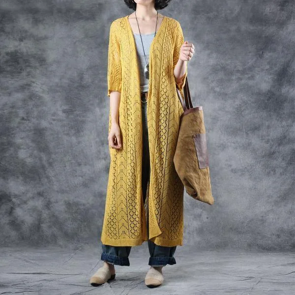 French Wardrobes plus size Linen yellow Solid Half Sleeve V-Neck Hollow Out Coat