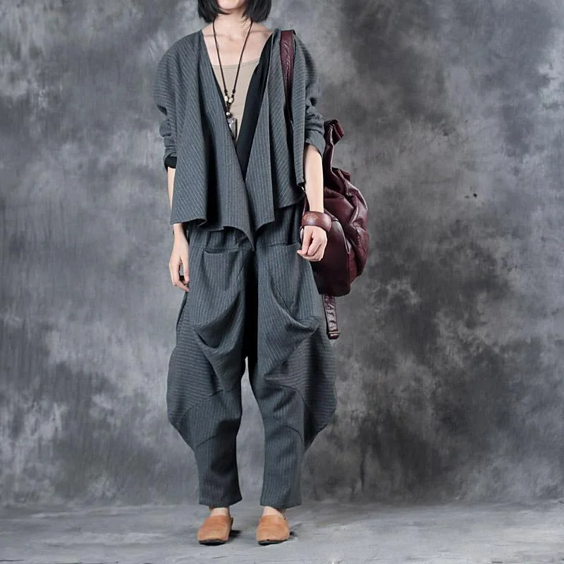 Gray Fashion Two Pieces Winter Woolen Blended Loose Chunky Coats With Asymmetric Desigan Pants