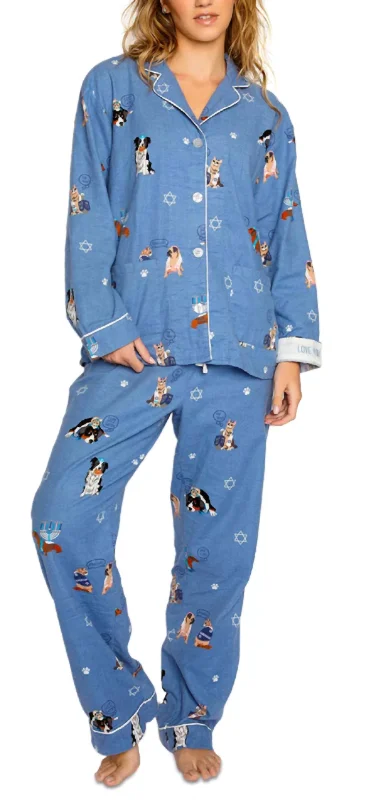 Love You A Latke Hanukkah Print 100% Cotton Flannel Pj Set In Denim