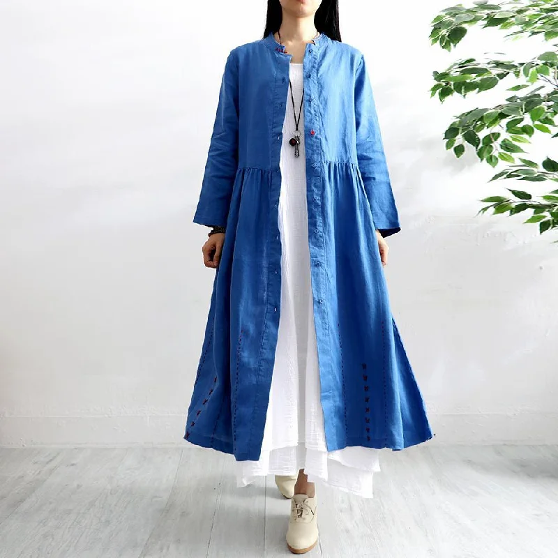 Organic stand collar linen clothes For Women Outfits blue coats autumn