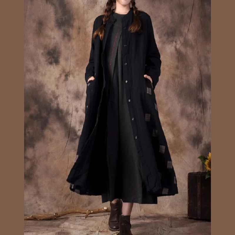 top quality black cotton linen coat oversized stand collar pockets spring coat