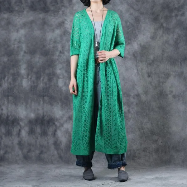 Unique linen green clothes Fashion Linen Solid Half Sleeve V-Neck Hollow Out Coat