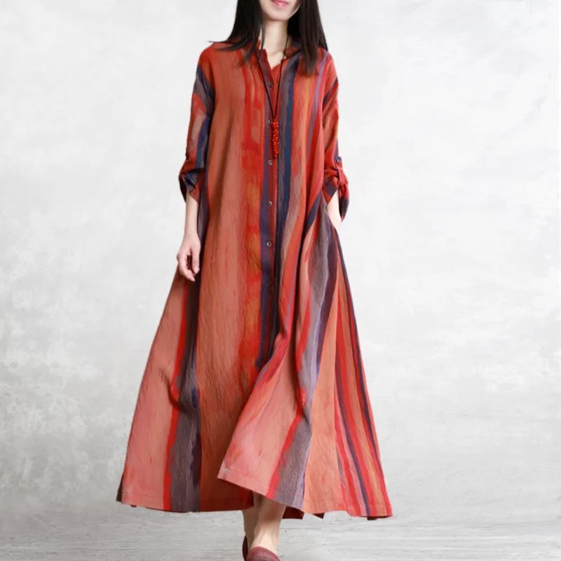 Unique stand collar linen clothes Fine Shape orange striped long coat