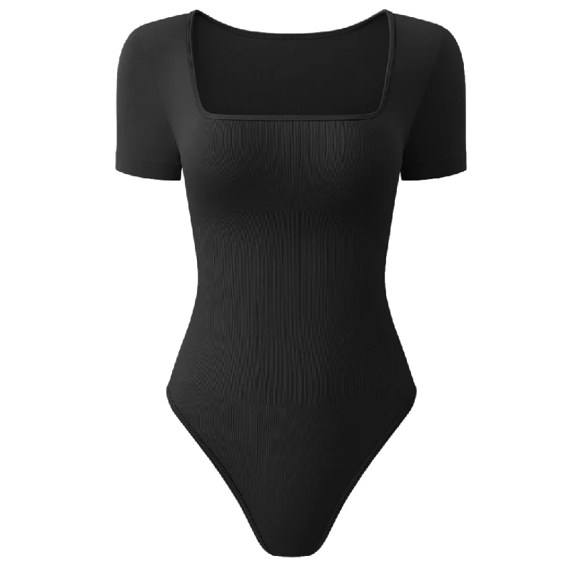 Black Seamless Ribbed Squareneck Short Sleeve Bodysuit