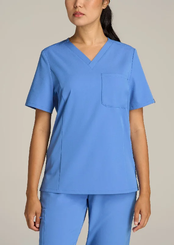 Short Sleeve V-Neck Scrub Top for Tall Women in Deep Sky Blue