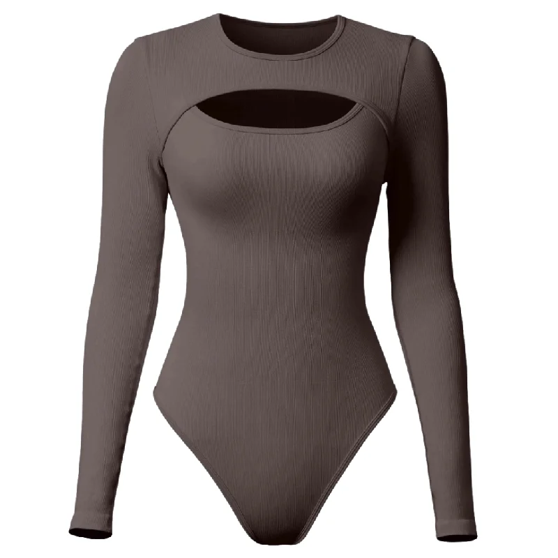 Stone Round Neck Cut Out Long Sleeve Ribbed Bodysuit